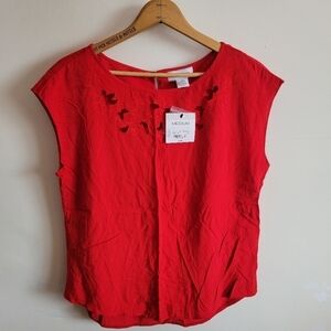 NWT Liz Claiborne Cap Short Sleeve Shirt Cut Outs Red M Medium